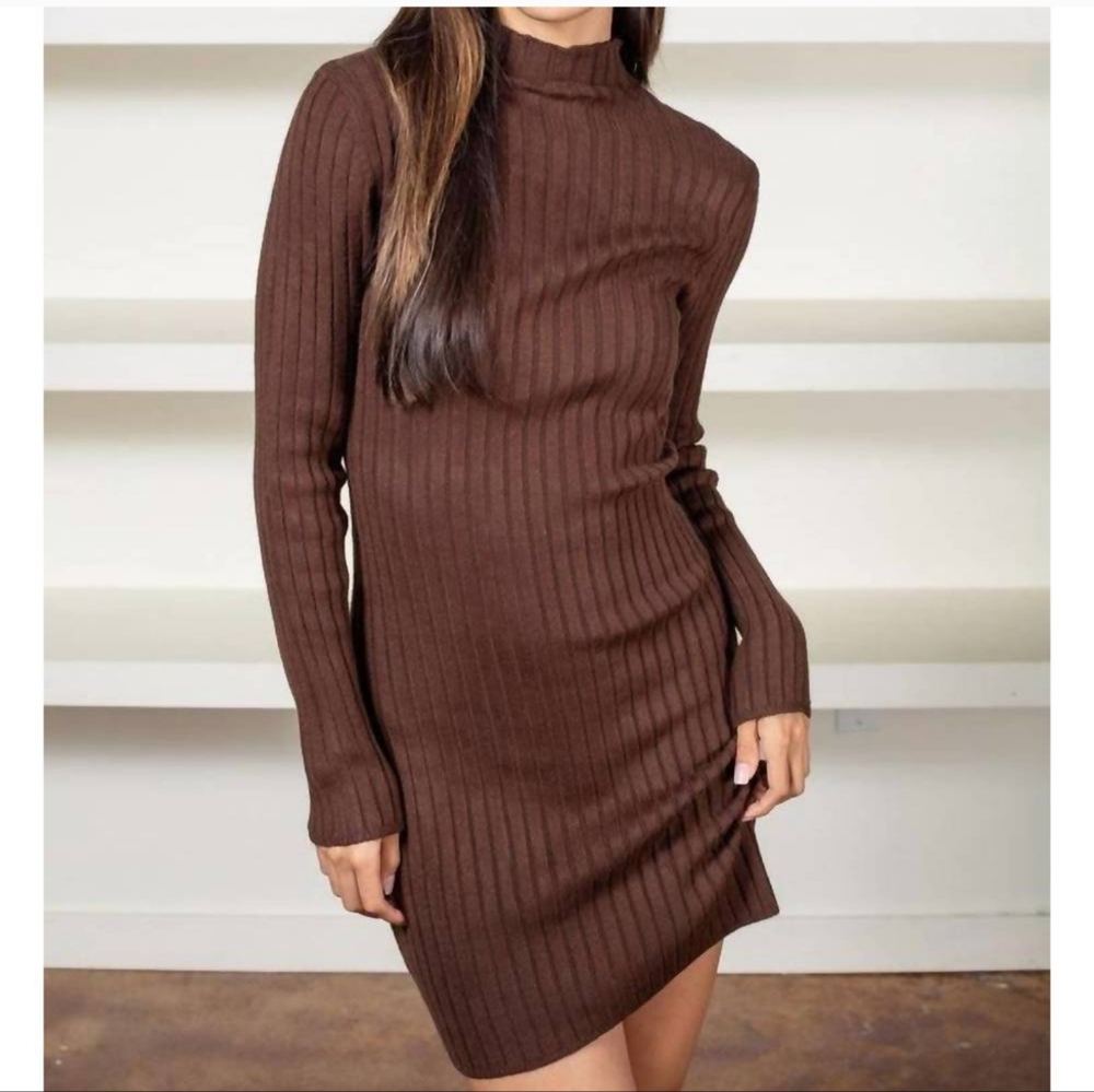 525 America Brown Ribbed Mock Neck Long Sleeve Sweater Dress Mini size Medium